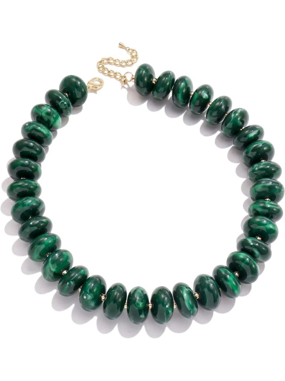 Women's Marbled Deep Green Bead Necklace Thick Disc Choker Summer Beach Jewelry